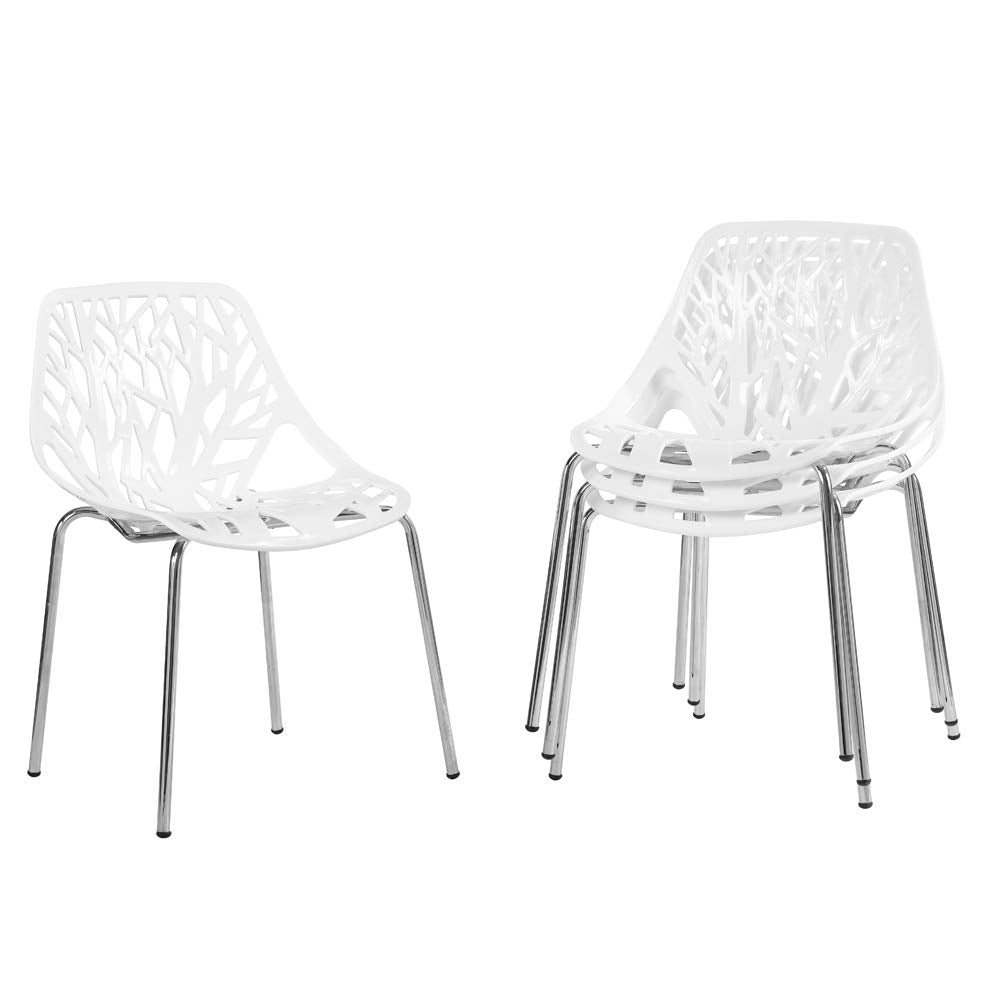 Modern Dining Chairs Set Plastic Saping Birch Chairs Stackable Chairs Set for Living Room/Kitchen/Office (6, White)