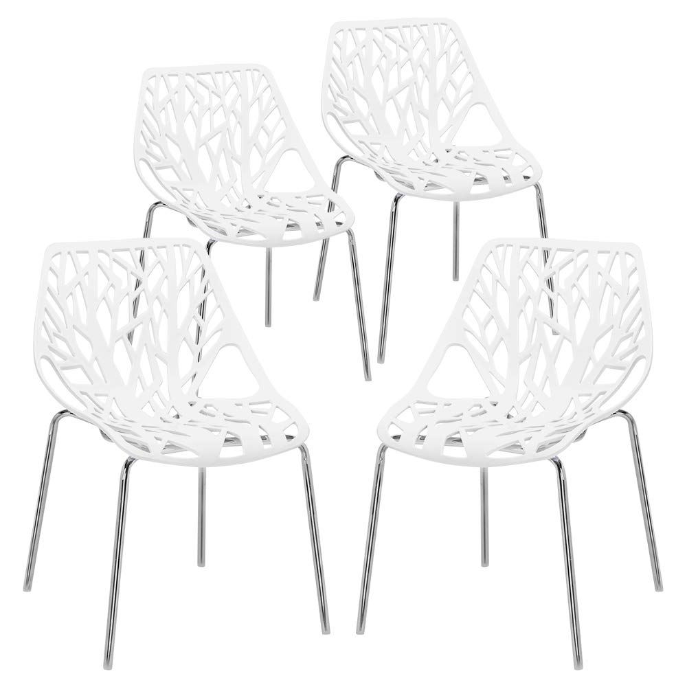 Modern Dining Chairs Set Plastic Saping Birch Chairs Stackable Chairs Set for Living Room/Kitchen/Office (6, White)