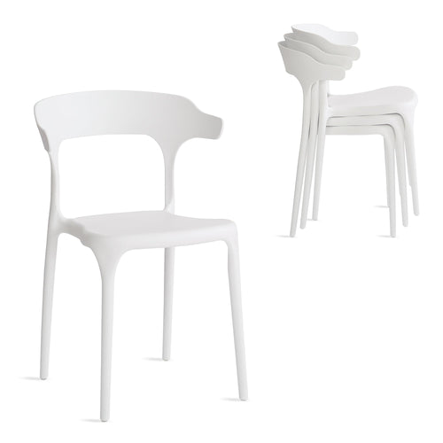 Modern Stackable Plastic Dining Chair Set of 4 Cloud White, No Assembly Needed Indoor Outdoor Patio Bistro Chairs for Cafe Restaurant Kitchen Home Use, Sturdy Weatherproof Armless Side Chairs