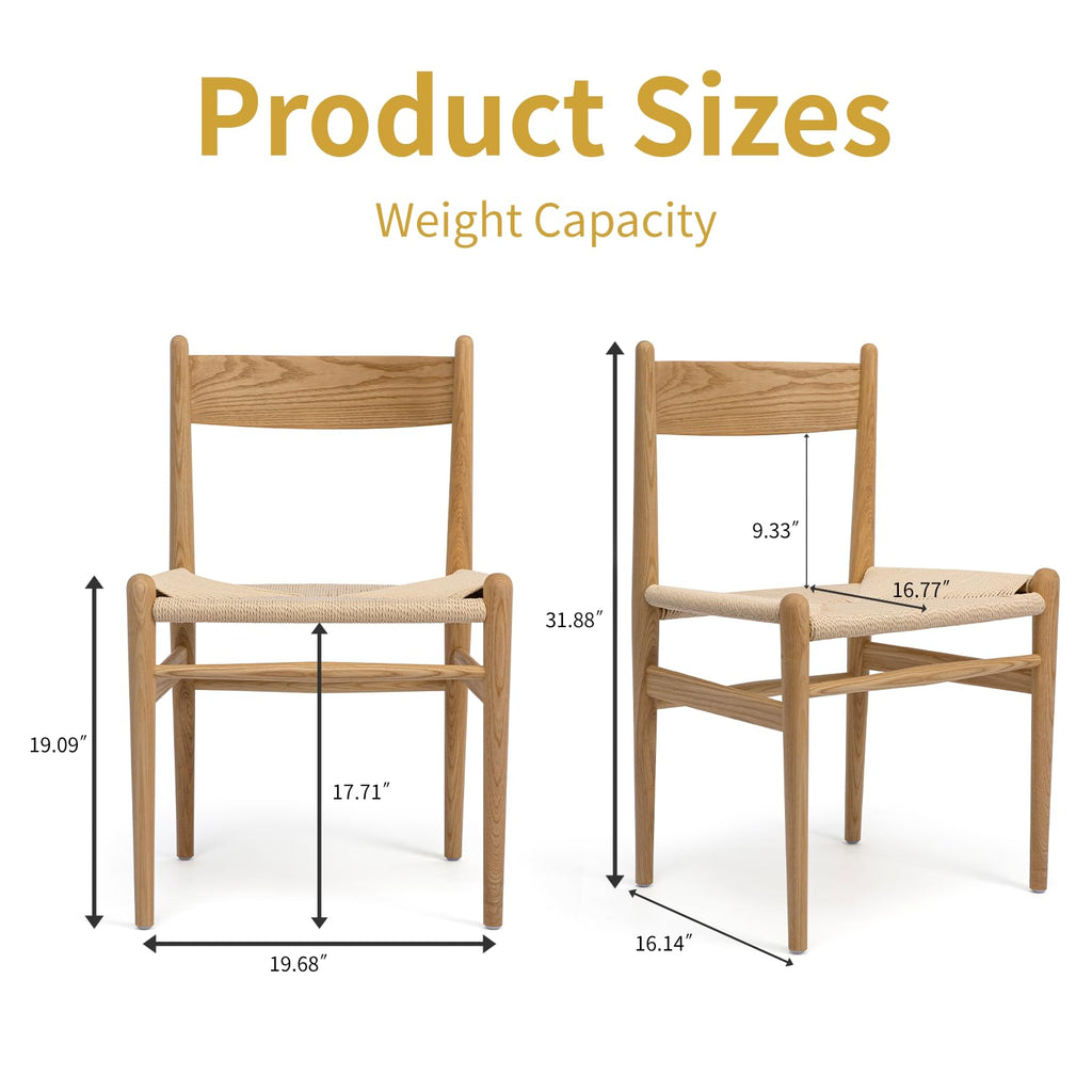 Armless Ash Wood Dining Chairs Set of 2, Fully Assembled Handwoven Seat Mid-Century Modern Side Chairs, 300 LBS Weight Capacity Curved Backrest with Felt Floor Pads for Kitchen Dining Living Room