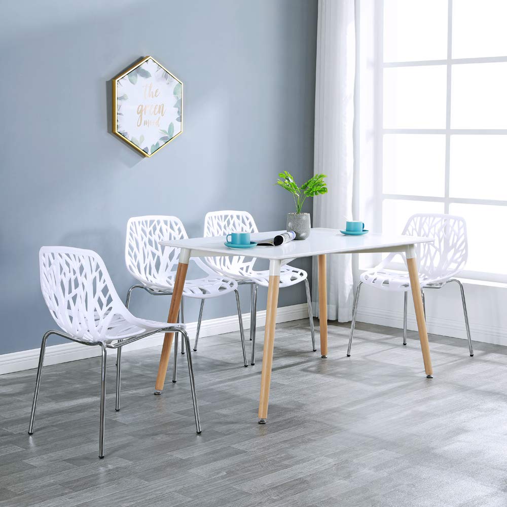 Modern Dining Chairs Set Plastic Saping Birch Chairs Stackable Chairs Set for Living Room/Kitchen/Office (6, White)