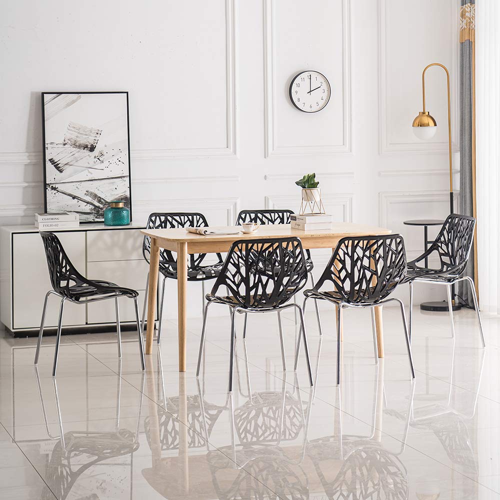 Modern Dining Chairs Set Plastic Saping Birch Chairs Stackable Chairs Set for Living Room/Kitchen/Office (6, White)
