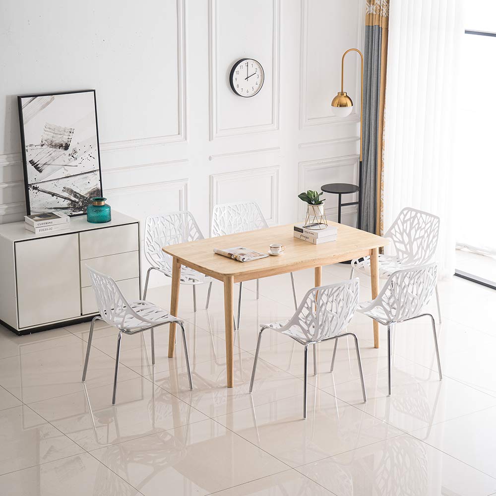 Modern Dining Chairs Set Plastic Saping Birch Chairs Stackable Chairs Set for Living Room/Kitchen/Office (6, White)