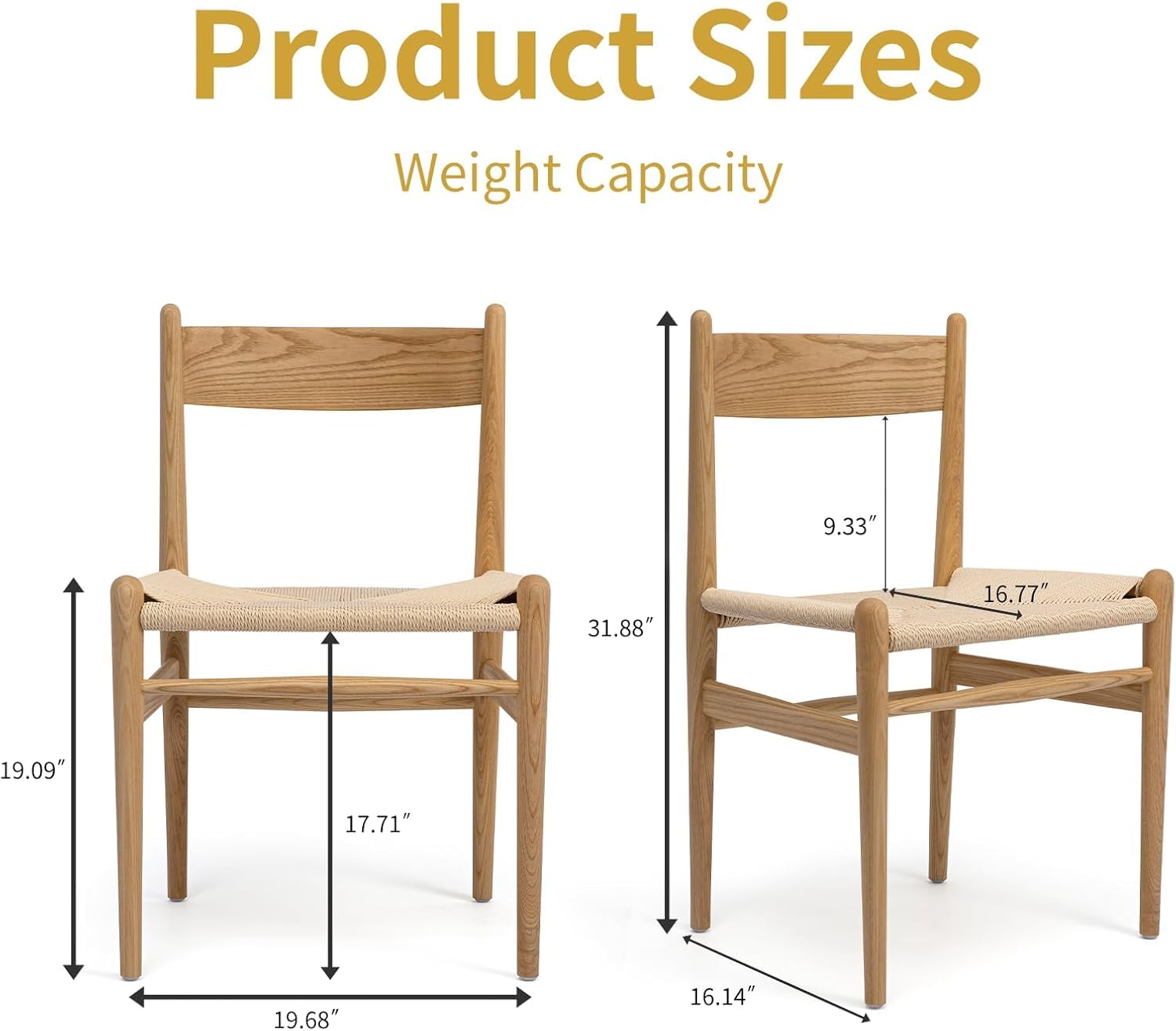 Armless Ash Wood Dining Chairs Set of 2, Fully Assembled Handwoven Seat Mid-Century Modern Side Chairs, 300 LBS Weight Capacity Curved Backrest with Felt Floor Pads for Kitchen Dining Living Room