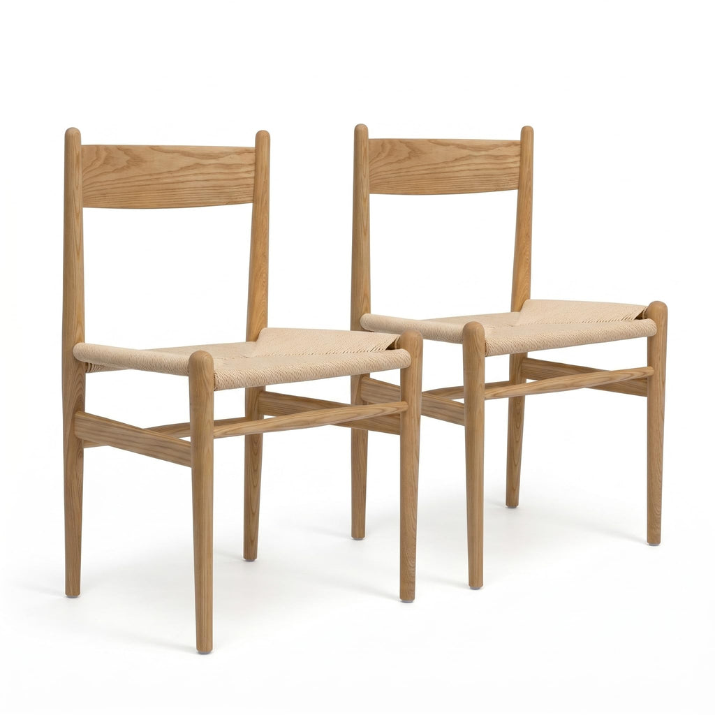 Armless Ash Wood Dining Chairs Set of 2, Fully Assembled Handwoven Seat Mid-Century Modern Side Chairs, 300 LBS Weight Capacity Curved Backrest with Felt Floor Pads for Kitchen Dining Living Room