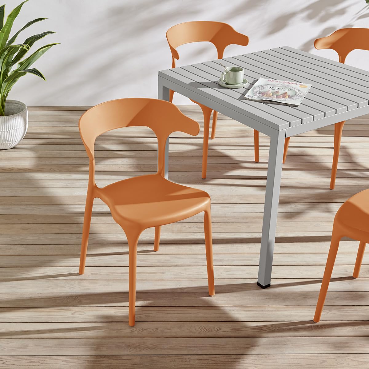Modern Stackable Plastic Dining Chair Set of 4 Cloud White, No Assembly Needed Indoor Outdoor Patio Bistro Chairs for Cafe Restaurant Kitchen Home Use, Sturdy Weatherproof Armless Side Chairs