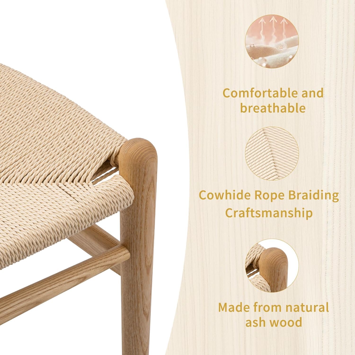 Armless Ash Wood Dining Chairs Set of 2, Fully Assembled Handwoven Seat Mid-Century Modern Side Chairs, 300 LBS Weight Capacity Curved Backrest with Felt Floor Pads for Kitchen Dining Living Room