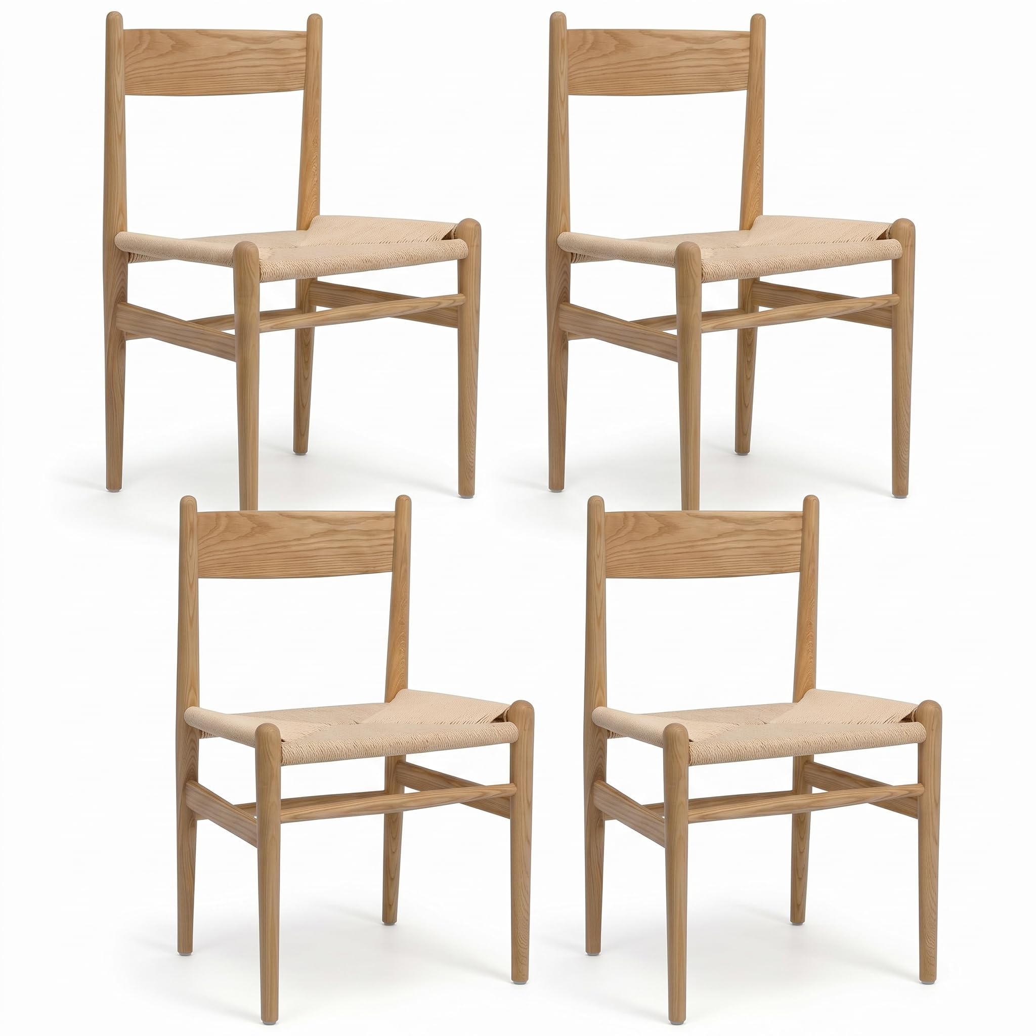 Armless Ash Wood Dining Chairs Set of 2, Fully Assembled Handwoven Seat Mid-Century Modern Side Chairs, 300 LBS Weight Capacity Curved Backrest with Felt Floor Pads for Kitchen Dining Living Room