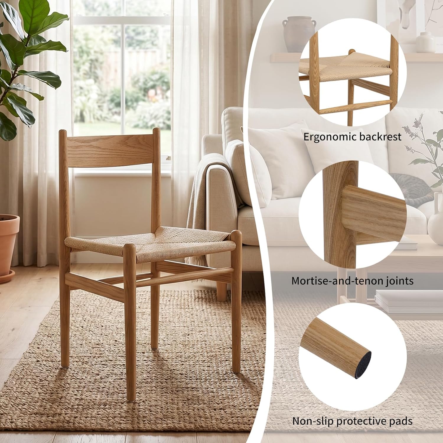 Armless Ash Wood Dining Chairs Set of 2, Fully Assembled Handwoven Seat Mid-Century Modern Side Chairs, 300 LBS Weight Capacity Curved Backrest with Felt Floor Pads for Kitchen Dining Living Room