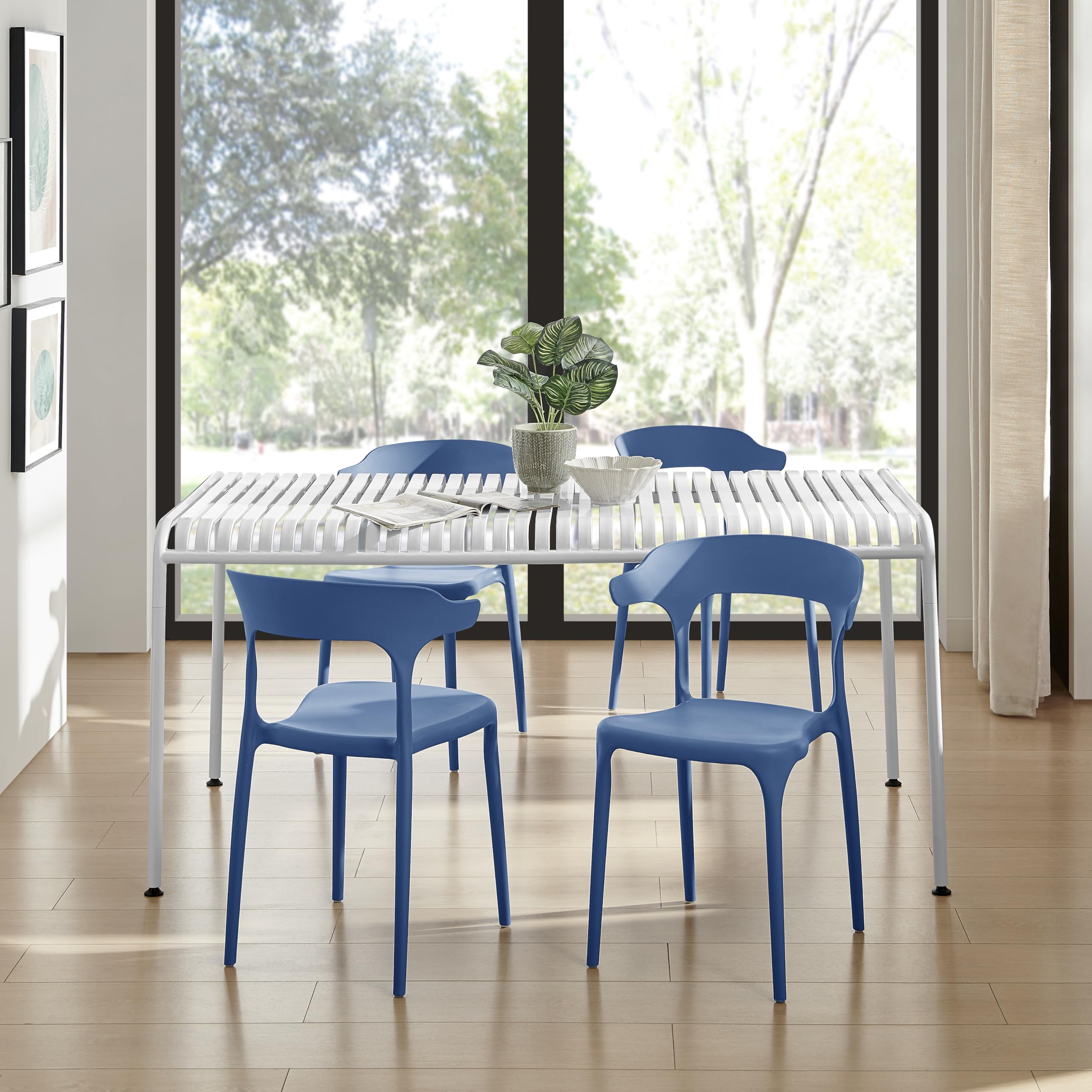 Modern Stackable Plastic Dining Chair Set of 4 Cloud White, No Assembly Needed Indoor Outdoor Patio Bistro Chairs for Cafe Restaurant Kitchen Home Use, Sturdy Weatherproof Armless Side Chairs