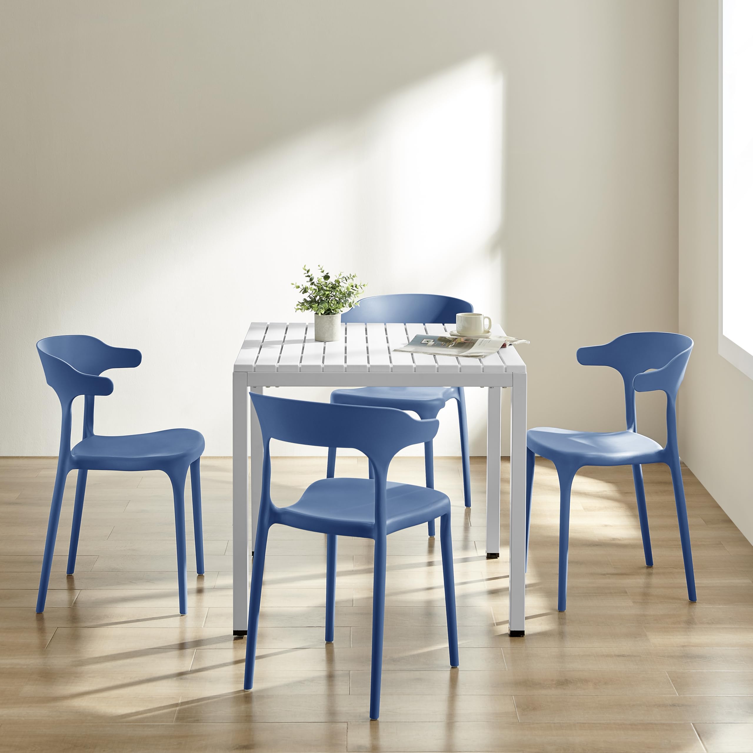Modern Stackable Plastic Dining Chair Set of 4 Cloud White, No Assembly Needed Indoor Outdoor Patio Bistro Chairs for Cafe Restaurant Kitchen Home Use, Sturdy Weatherproof Armless Side Chairs
