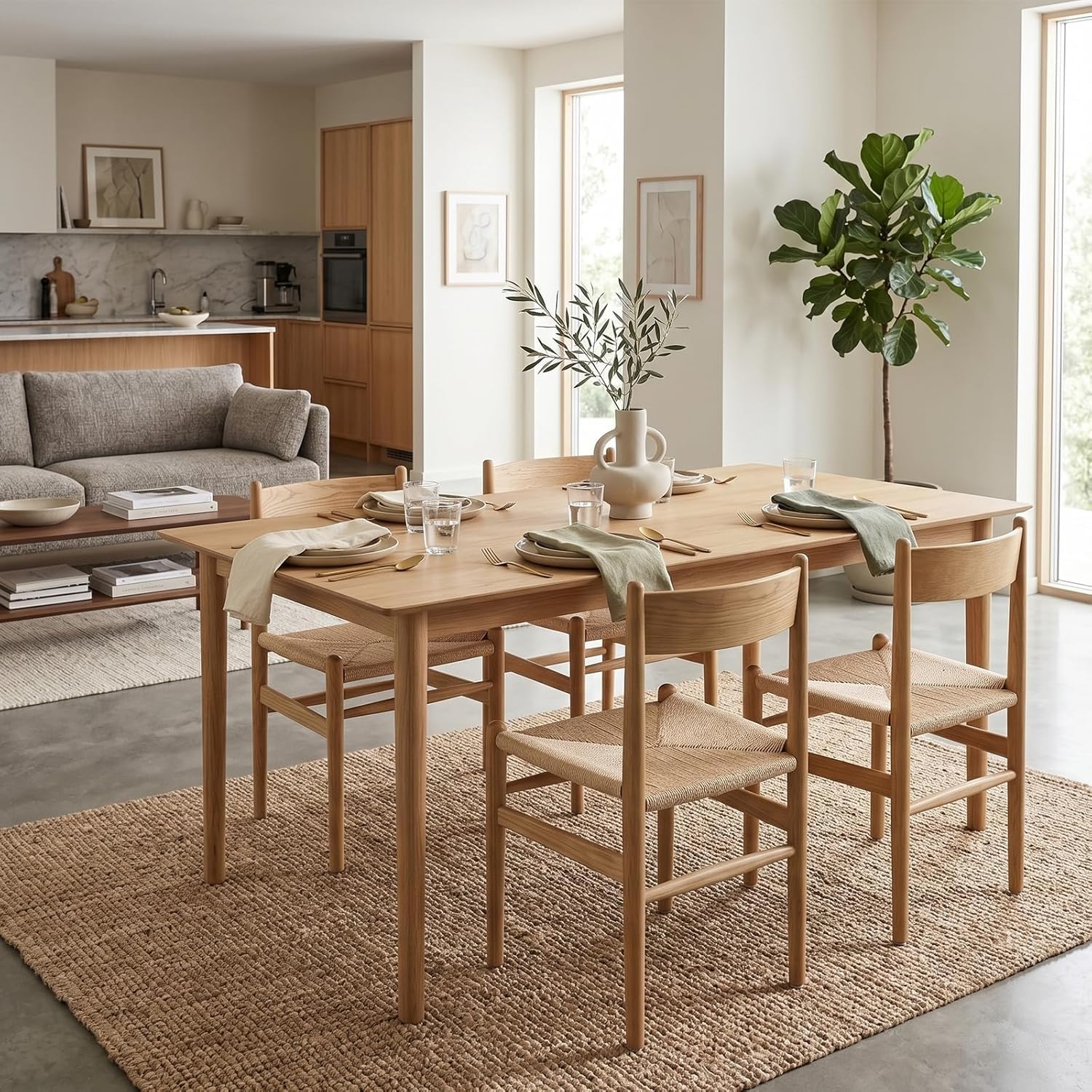 Armless Ash Wood Dining Chairs Set of 2, Fully Assembled Handwoven Seat Mid-Century Modern Side Chairs, 300 LBS Weight Capacity Curved Backrest with Felt Floor Pads for Kitchen Dining Living Room
