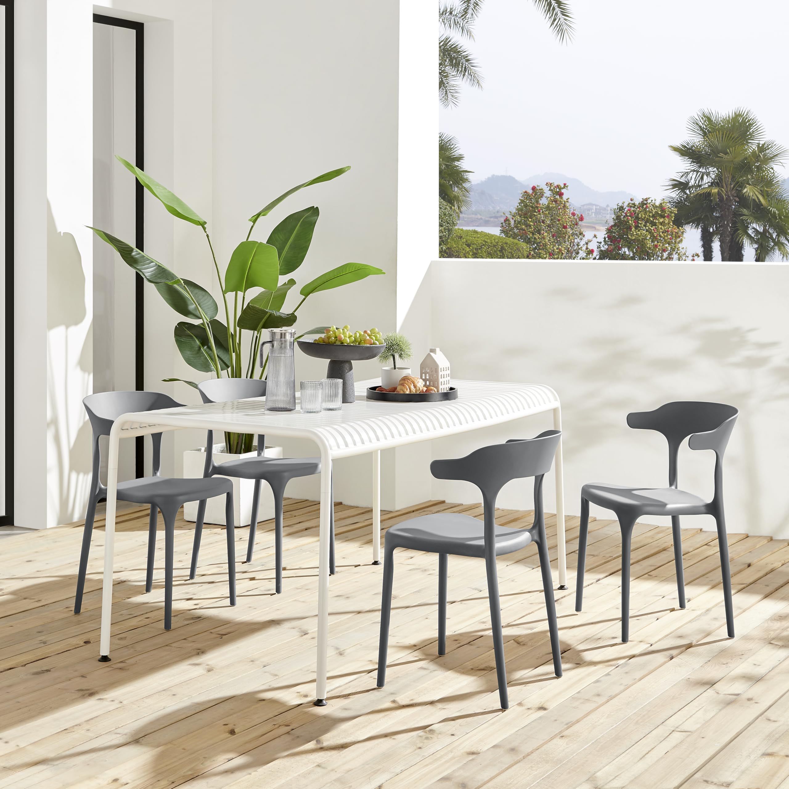 Modern Stackable Plastic Dining Chair Set of 4 Cloud White, No Assembly Needed Indoor Outdoor Patio Bistro Chairs for Cafe Restaurant Kitchen Home Use, Sturdy Weatherproof Armless Side Chairs