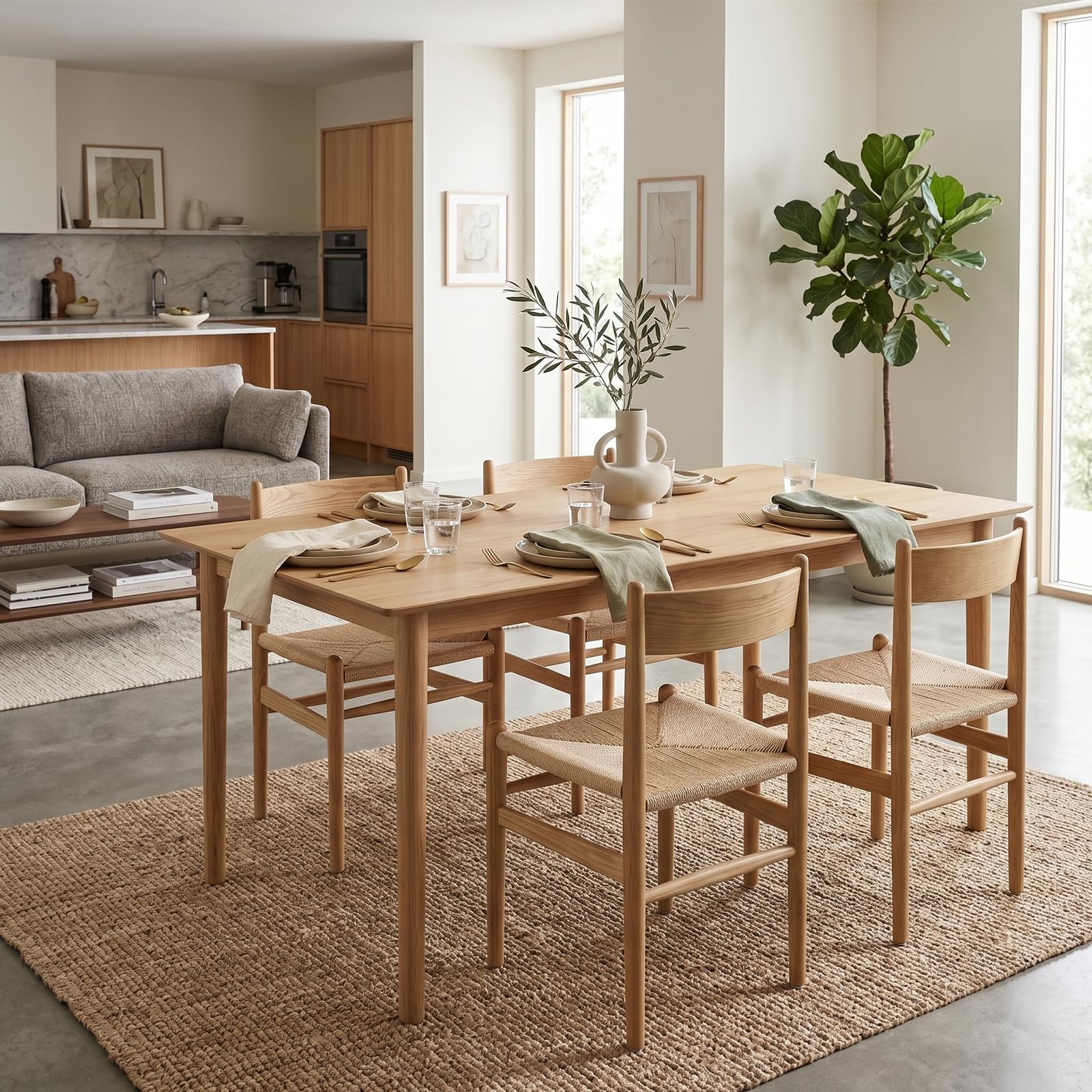 Armless Ash Wood Dining Chairs Set of 2, Fully Assembled Handwoven Seat Mid-Century Modern Side Chairs, 300 LBS Weight Capacity Curved Backrest with Felt Floor Pads for Kitchen Dining Living Room